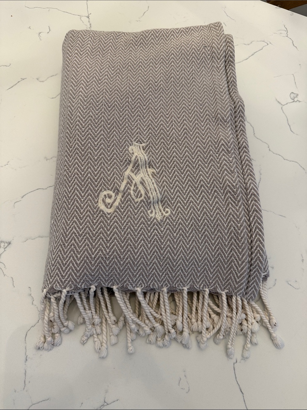 Mud Pie gray & ivory “A” monogram blanket